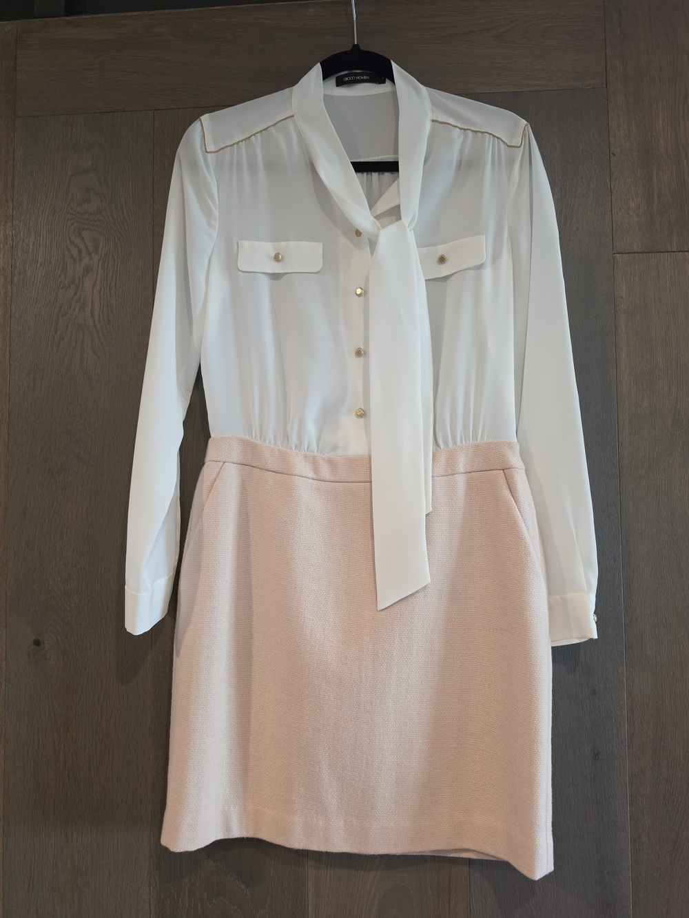 Chic Ivory Bow Blouse with Blush Pink Skirt - G2000 Women Size 38 - NEVER WORN